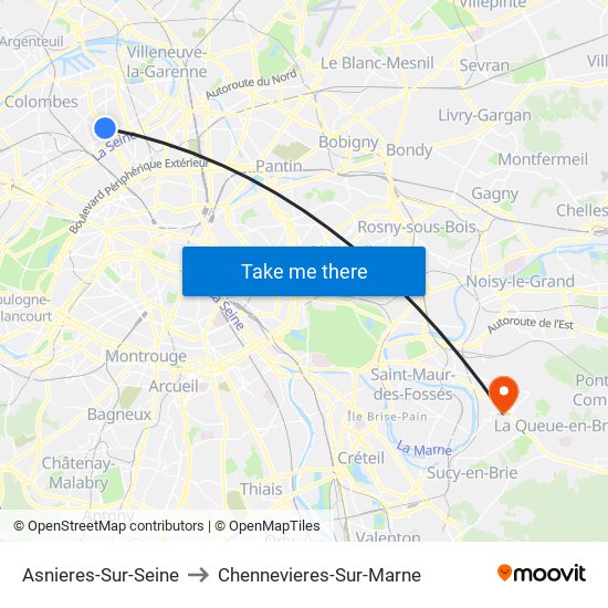 Asnieres-Sur-Seine to Chennevieres-Sur-Marne map