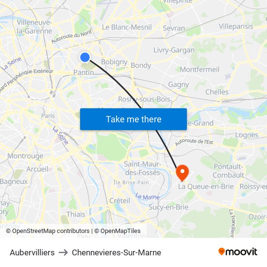 Aubervilliers to Chennevieres-Sur-Marne map