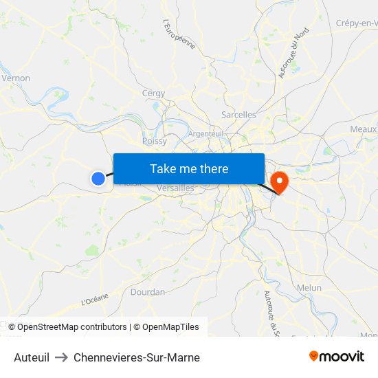 Auteuil to Chennevieres-Sur-Marne map