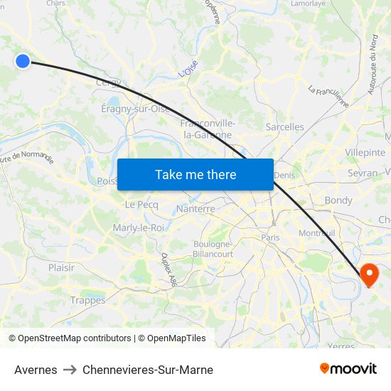 Avernes to Chennevieres-Sur-Marne map