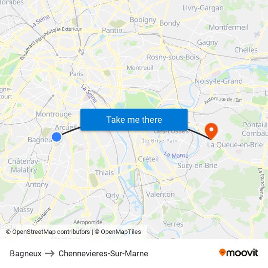 Bagneux to Chennevieres-Sur-Marne map
