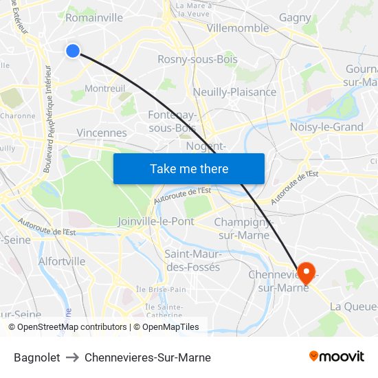 Bagnolet to Chennevieres-Sur-Marne map