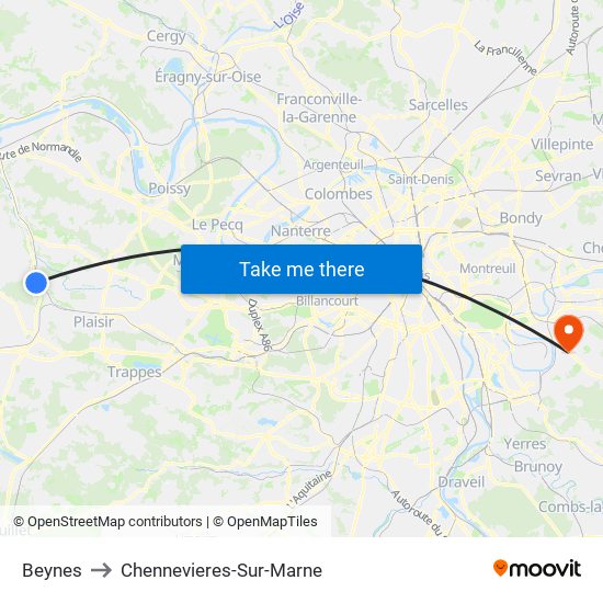 Beynes to Chennevieres-Sur-Marne map