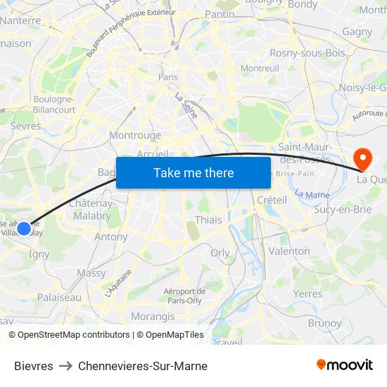 Bievres to Chennevieres-Sur-Marne map