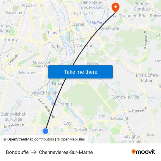 Bondoufle to Chennevieres-Sur-Marne map