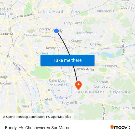Bondy to Chennevieres-Sur-Marne map