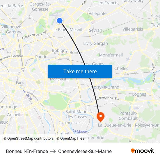 Bonneuil-En-France to Chennevieres-Sur-Marne map