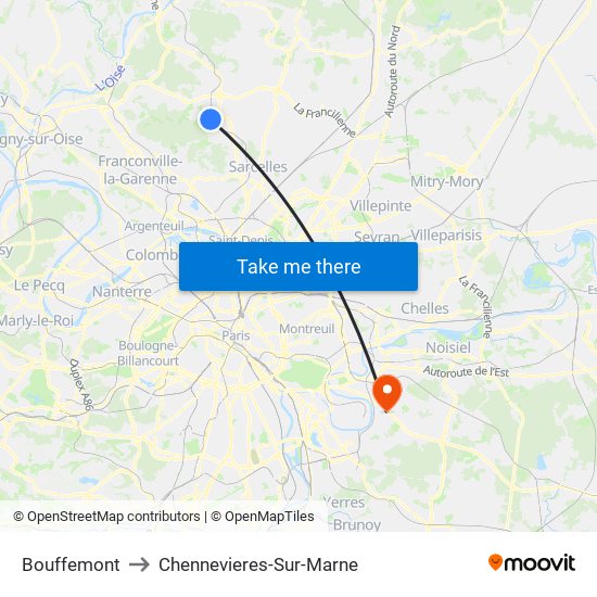 Bouffemont to Chennevieres-Sur-Marne map