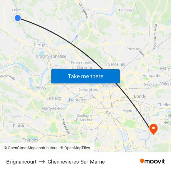 Brignancourt to Chennevieres-Sur-Marne map