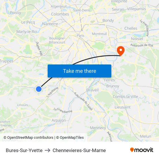 Bures-Sur-Yvette to Chennevieres-Sur-Marne map