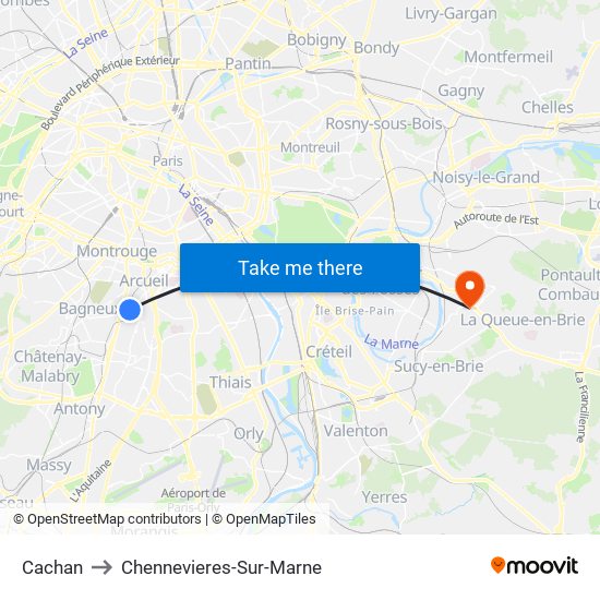 Cachan to Chennevieres-Sur-Marne map
