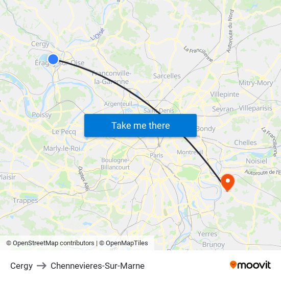 Cergy to Chennevieres-Sur-Marne map