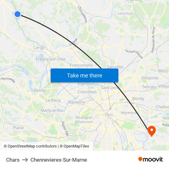 Chars to Chennevieres-Sur-Marne map