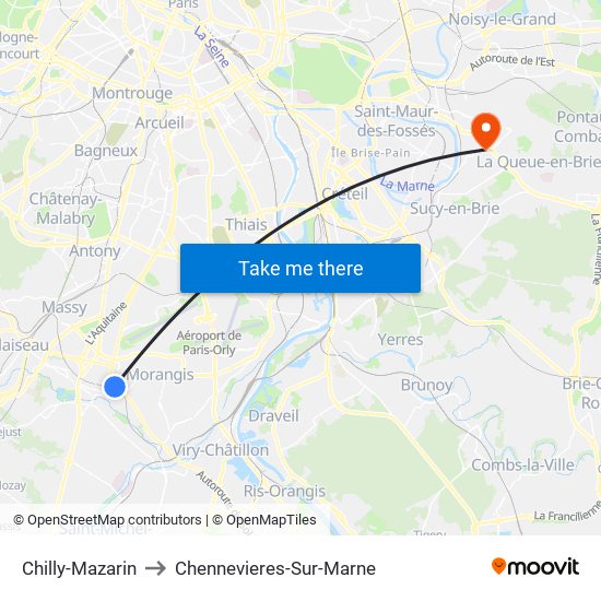 Chilly-Mazarin to Chennevieres-Sur-Marne map