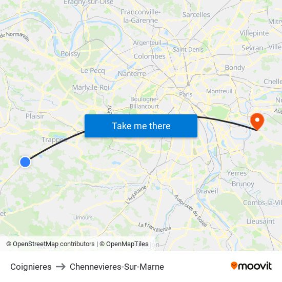 Coignieres to Chennevieres-Sur-Marne map