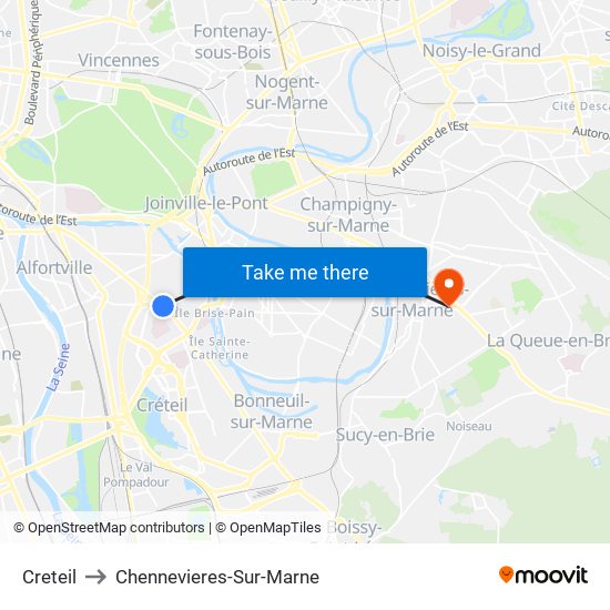 Creteil to Chennevieres-Sur-Marne map