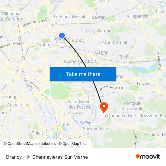 Drancy to Chennevieres-Sur-Marne map