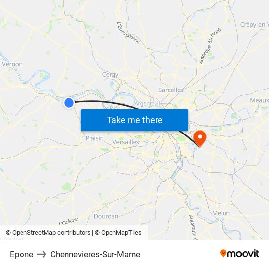 Epone to Chennevieres-Sur-Marne map