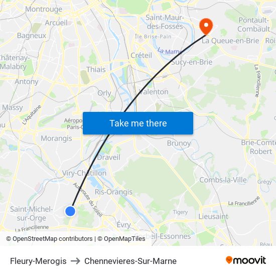 Fleury-Merogis to Chennevieres-Sur-Marne map