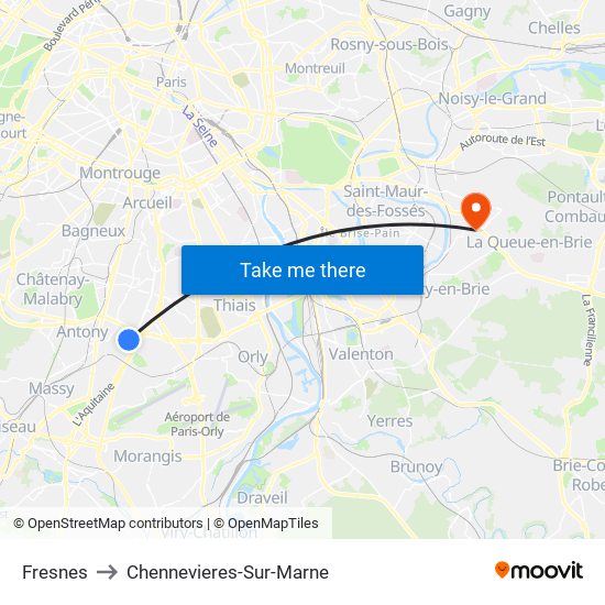 Fresnes to Chennevieres-Sur-Marne map