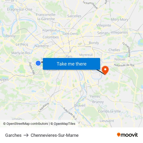 Garches to Chennevieres-Sur-Marne map