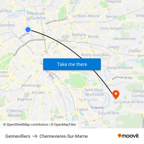 Gennevilliers to Chennevieres-Sur-Marne map