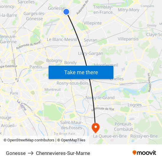 Gonesse to Chennevieres-Sur-Marne map