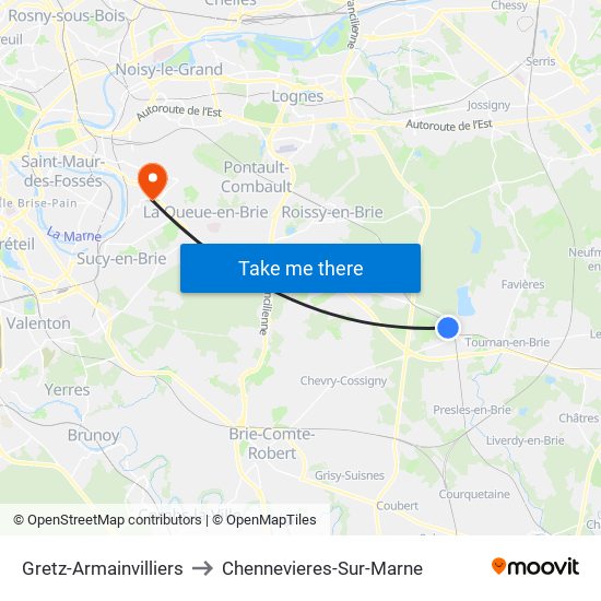 Gretz-Armainvilliers to Chennevieres-Sur-Marne map