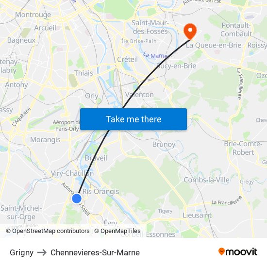 Grigny to Chennevieres-Sur-Marne map