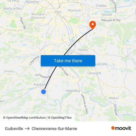 Guibeville to Chennevieres-Sur-Marne map