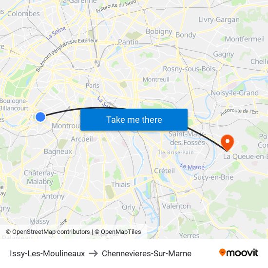 Issy-Les-Moulineaux to Chennevieres-Sur-Marne map