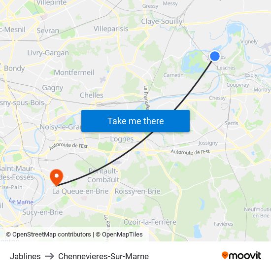 Jablines to Chennevieres-Sur-Marne map