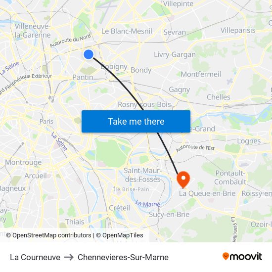 La Courneuve to Chennevieres-Sur-Marne map
