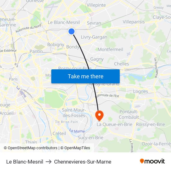 Le Blanc-Mesnil to Chennevieres-Sur-Marne map