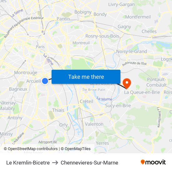 Le Kremlin-Bicetre to Chennevieres-Sur-Marne map