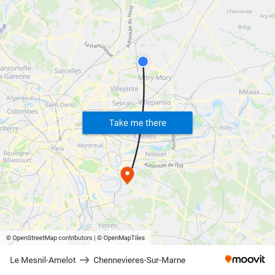 Le Mesnil-Amelot to Chennevieres-Sur-Marne map