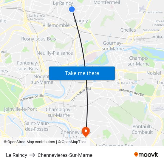 Le Raincy to Chennevieres-Sur-Marne map