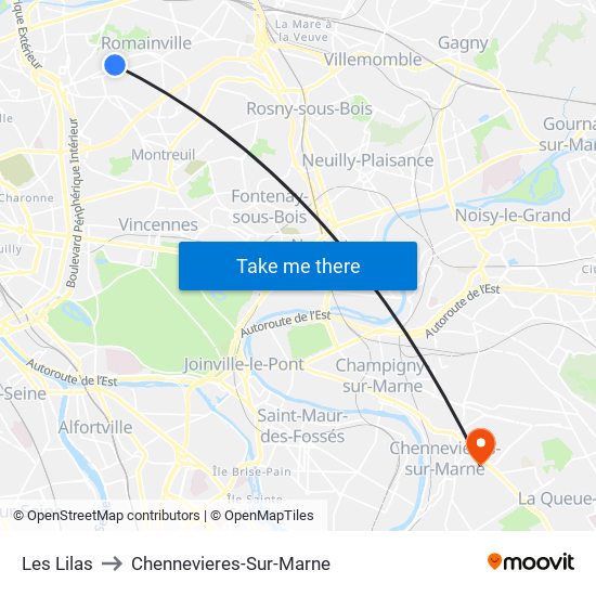 Les Lilas to Chennevieres-Sur-Marne map