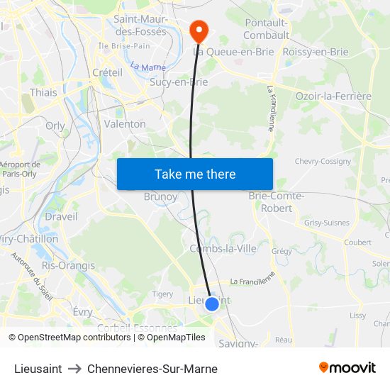 Lieusaint to Chennevieres-Sur-Marne map