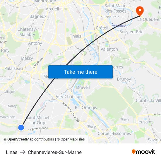 Linas to Chennevieres-Sur-Marne map