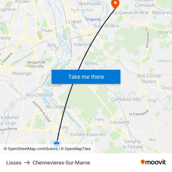 Lisses to Chennevieres-Sur-Marne map