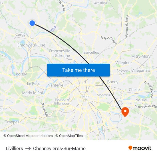 Livilliers to Chennevieres-Sur-Marne map