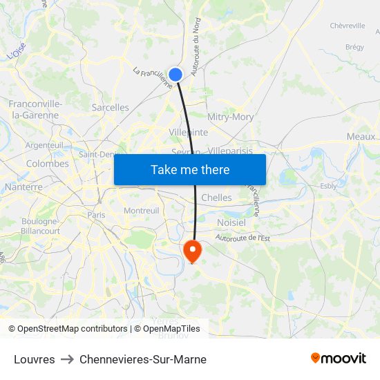 Louvres to Chennevieres-Sur-Marne map