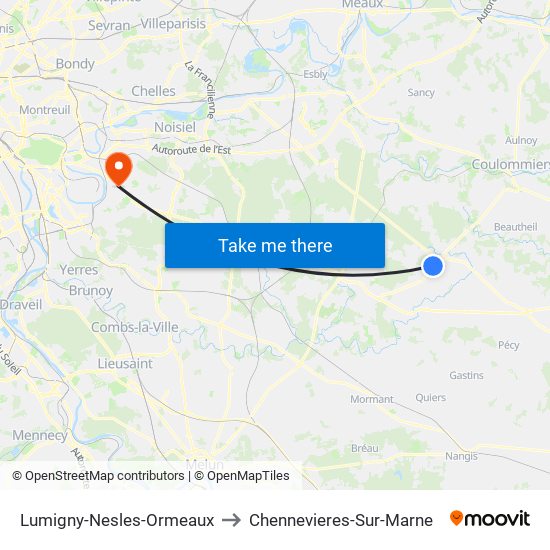 Lumigny-Nesles-Ormeaux to Chennevieres-Sur-Marne map