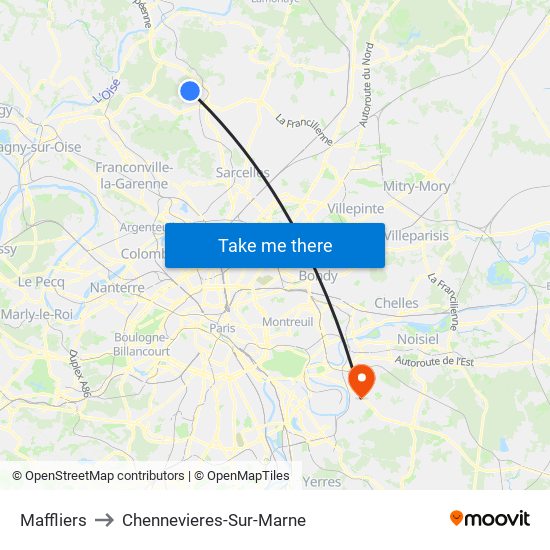 Maffliers to Chennevieres-Sur-Marne map