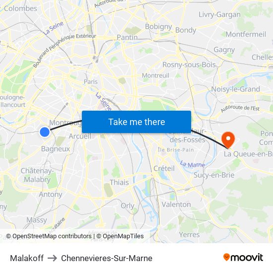 Malakoff to Chennevieres-Sur-Marne map