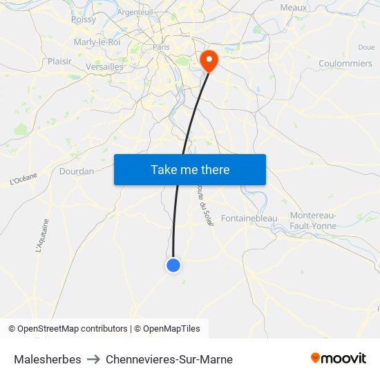 Malesherbes to Chennevieres-Sur-Marne map