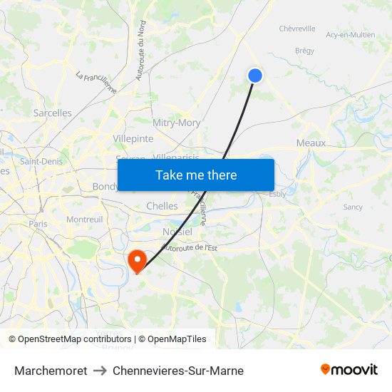 Marchemoret to Chennevieres-Sur-Marne map