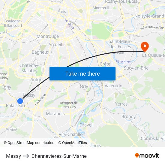 Massy to Chennevieres-Sur-Marne map