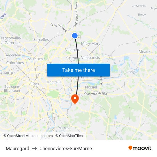 Mauregard to Chennevieres-Sur-Marne map